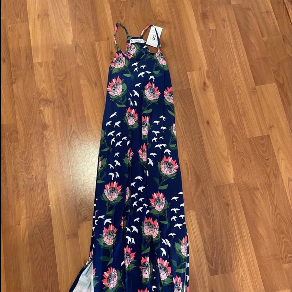 Long blue Protea Maxi Fighting Eel dress.